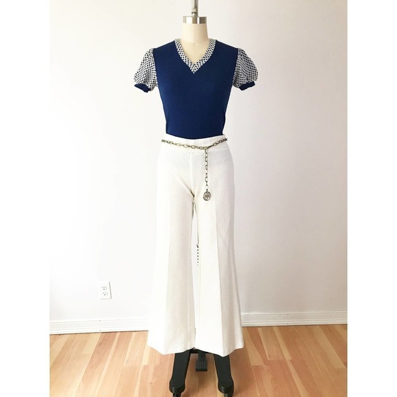 70s Wide Leg White Bellbottom Pants Polyester Trousers Stretch Nautical Beach - Picture 2 of 7